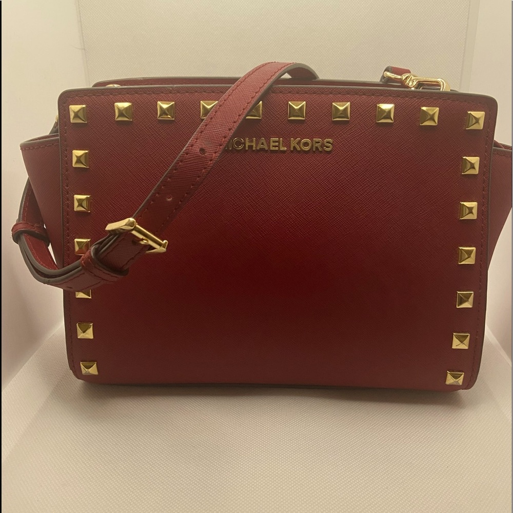 Michael Kors Selma Medium Studded Saffiano Leather Red Studded Messenger.
